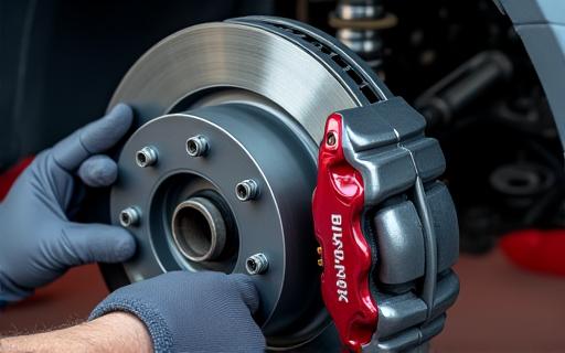 A mechanic inspecting the brake disc and caliper of a car.