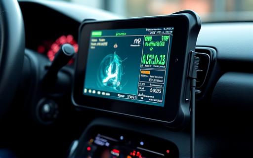 A diagnostic computer plugged into a car's dashboard, showing engine data.