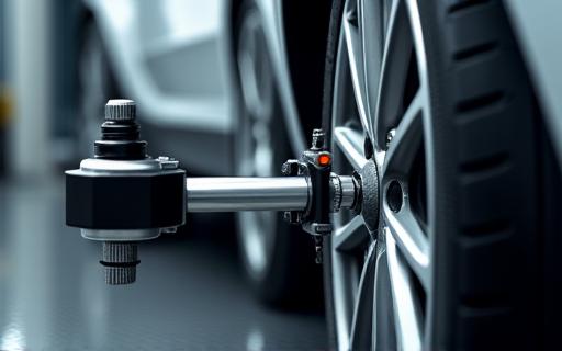 A close-up of a high-tech wheel alignment machine attached to a car's wheel.