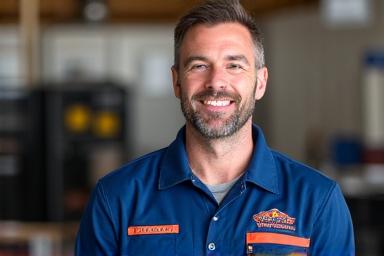 A smiling, professional mechanic in a clean Outback Wheelhouse uniform.