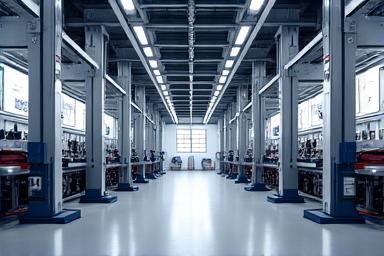 A view of the clean workshop featuring modern hydraulic lifts and tool chests.